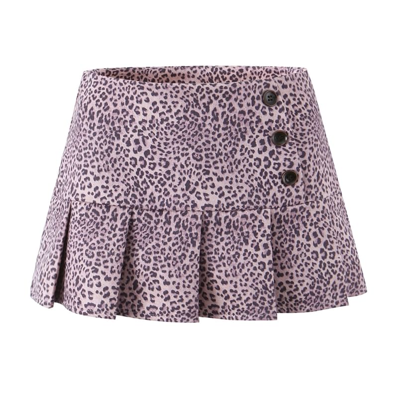 Leopard Print Pleated High Waist Mini A-Line Skirt