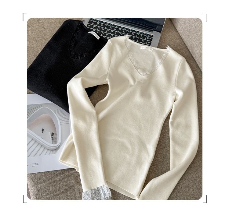 Long-Sleeve V-Neck Plain Lace Trim Ribbed Knit Top