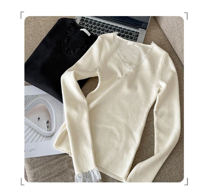 Long-Sleeve V-Neck Plain Lace Trim Ribbed Knit Top