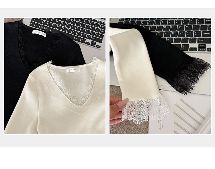 Long-Sleeve V-Neck Plain Lace Trim Ribbed Knit Top