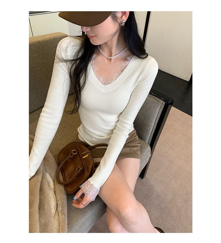 Long-Sleeve V-Neck Plain Lace Trim Ribbed Knit Top