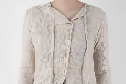 Long-Sleeve Plain Button-Up Lace-Up T-Shirt