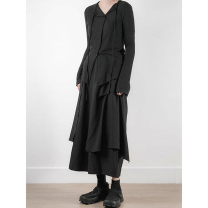 Long-Sleeve Plain Button-Up Lace-Up T-Shirt