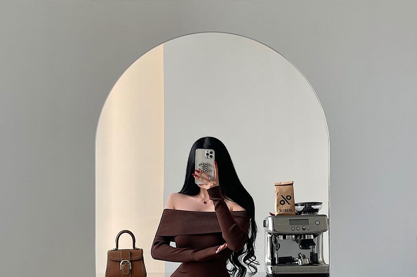 Long-Sleeve Off Shoulder Plain Knit Maxi Mermaid Dress