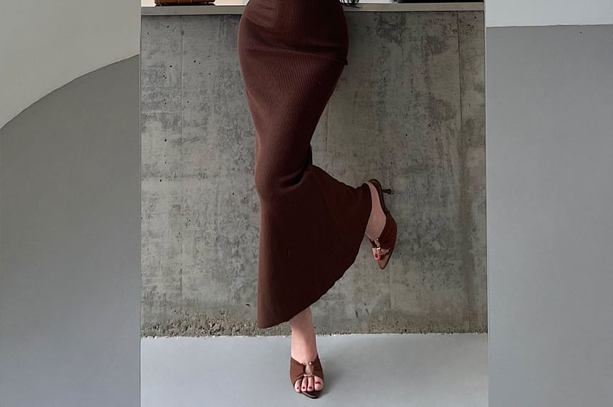 Long-Sleeve Off Shoulder Plain Knit Maxi Mermaid Dress