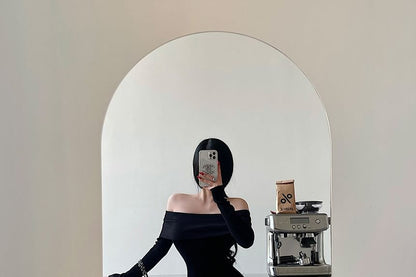 Long-Sleeve Off Shoulder Plain Knit Maxi Mermaid Dress