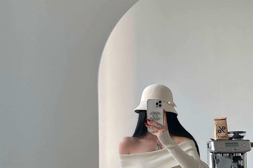 Long-Sleeve Off Shoulder Plain Knit Maxi Mermaid Dress