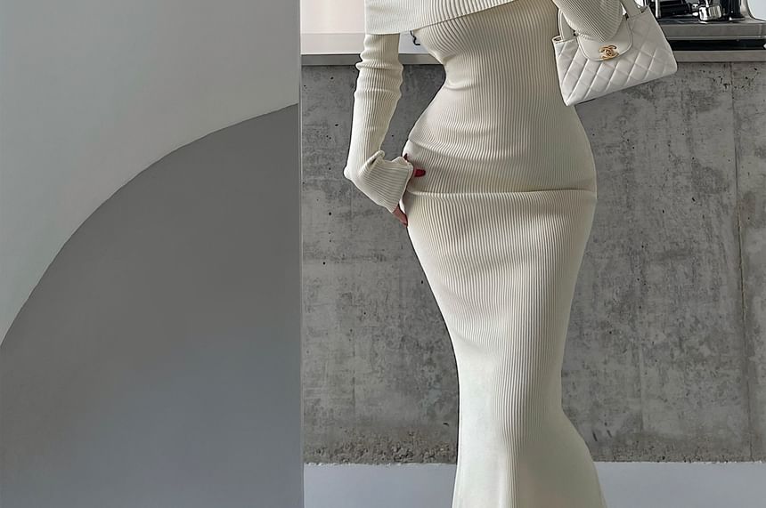 Long-Sleeve Off Shoulder Plain Knit Maxi Mermaid Dress