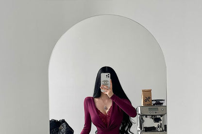 Long-Sleeve V-Neck Lace Panel Plain Maxi A-Line Dress