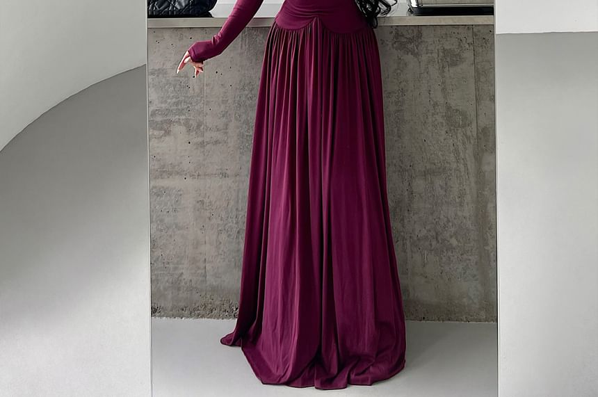 Long-Sleeve V-Neck Lace Panel Plain Maxi A-Line Dress