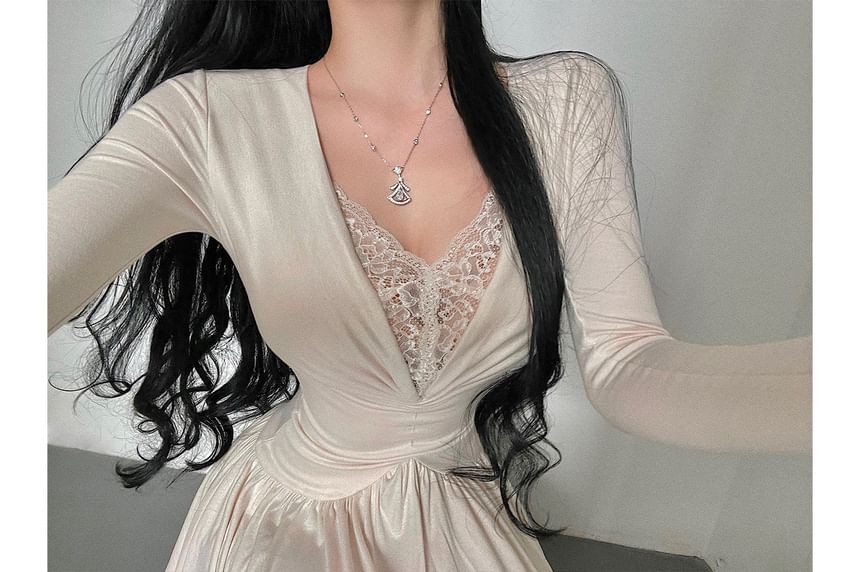 Long-Sleeve V-Neck Lace Panel Plain Maxi A-Line Dress