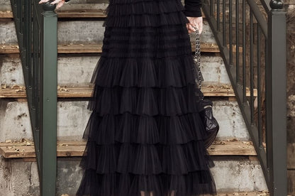 Mock Two-Piece Cold-Shoulder Lace Paneled T-Shirt / Choker / High Waist Midi A-Line Layered Skirt / Set