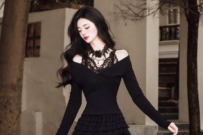 Mock Two-Piece Cold-Shoulder Lace Paneled T-Shirt / Choker / High Waist Midi A-Line Layered Skirt / Set
