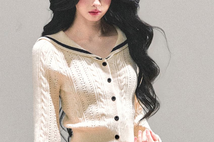 Crop Cardigan Set with Sailor Collar and Knit Mini Skirt