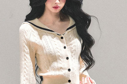 Crop Cardigan Set with Sailor Collar and Knit Mini Skirt