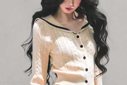 Crop Cardigan Set with Sailor Collar and Knit Mini Skirt