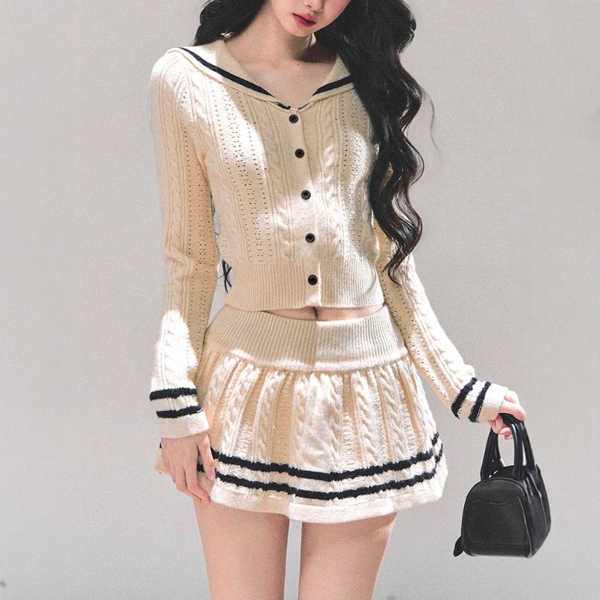 Crop Cardigan Set with Sailor Collar and Knit Mini Skirt