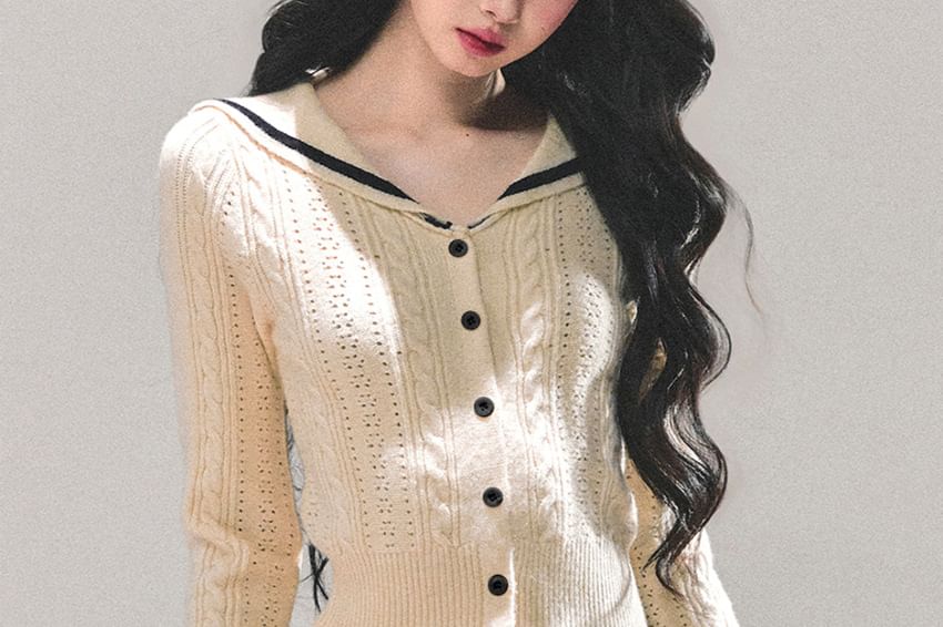 Crop Cardigan Set with Sailor Collar and Knit Mini Skirt
