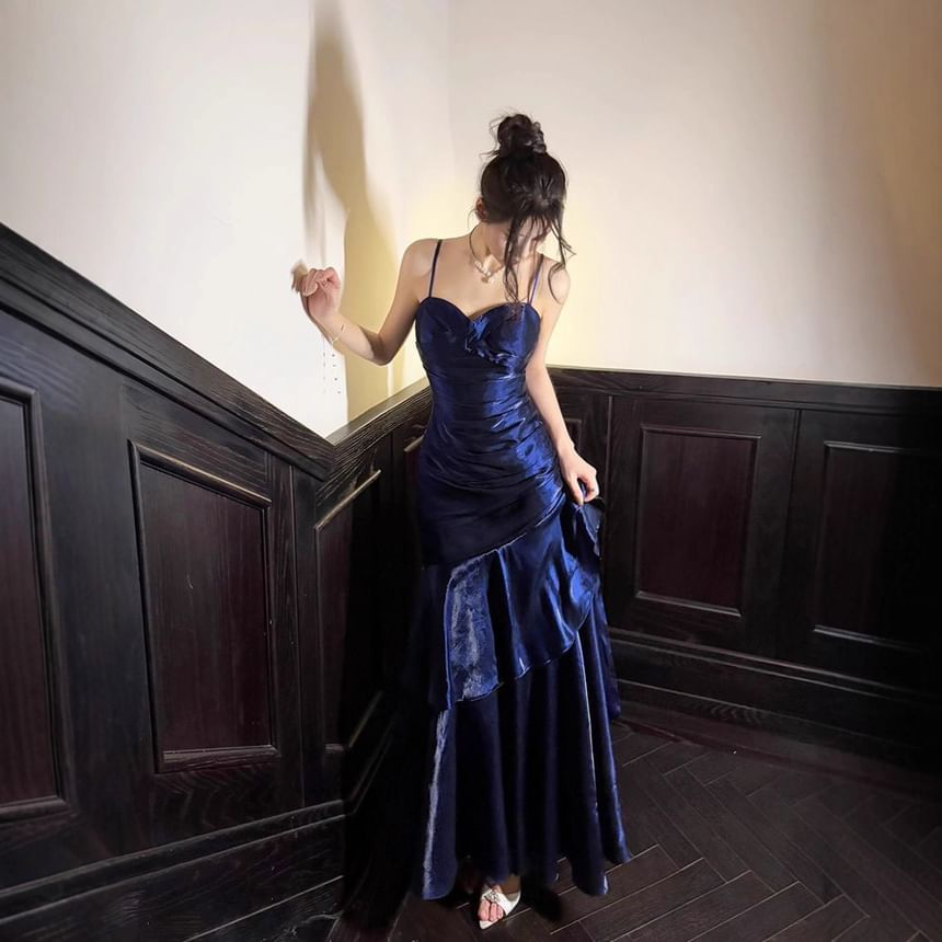 Spaghetti Strap Satin Ruffled Mermaid Evening Gown