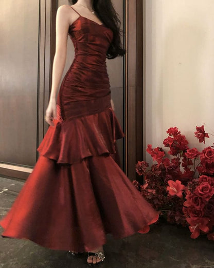 Spaghetti Strap Satin Ruffled Mermaid Evening Gown