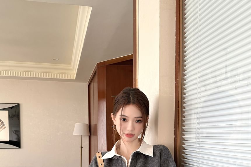 Drop Shoulder Two-Tone Sweater and Knit Pencil Skirt Set