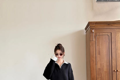 Drop Shoulder Two-Tone Sweater and Knit Pencil Skirt Set