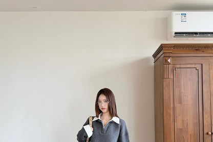 Drop Shoulder Two-Tone Sweater and Knit Pencil Skirt Set