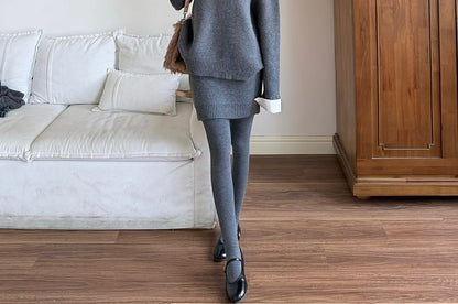 Drop Shoulder Two-Tone Sweater and Knit Pencil Skirt Set