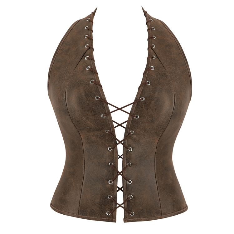 Halter Lace Up Faux Leather Bustier Top