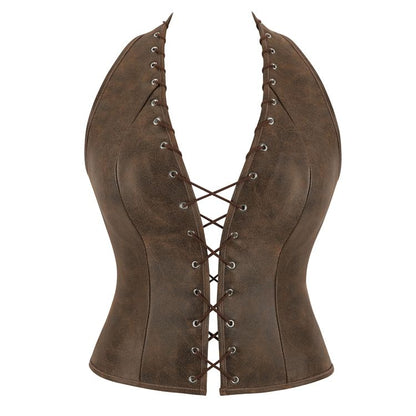 Halter Lace Up Faux Leather Bustier Top