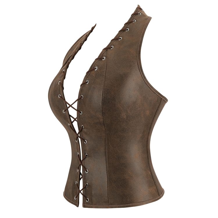 Halter Lace Up Faux Leather Bustier Top
