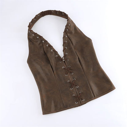 Halter Lace Up Faux Leather Bustier Top