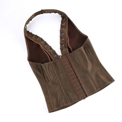 Halter Lace Up Faux Leather Bustier Top