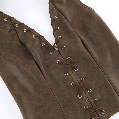 Halter Lace Up Faux Leather Bustier Top