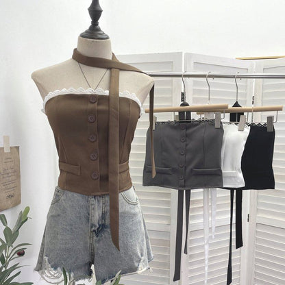 Buttoned Crop Tube Top with Lace Trim and Scarf Set