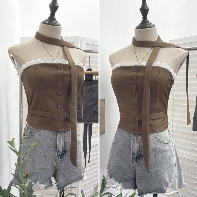 Buttoned Crop Tube Top with Lace Trim and Scarf Set