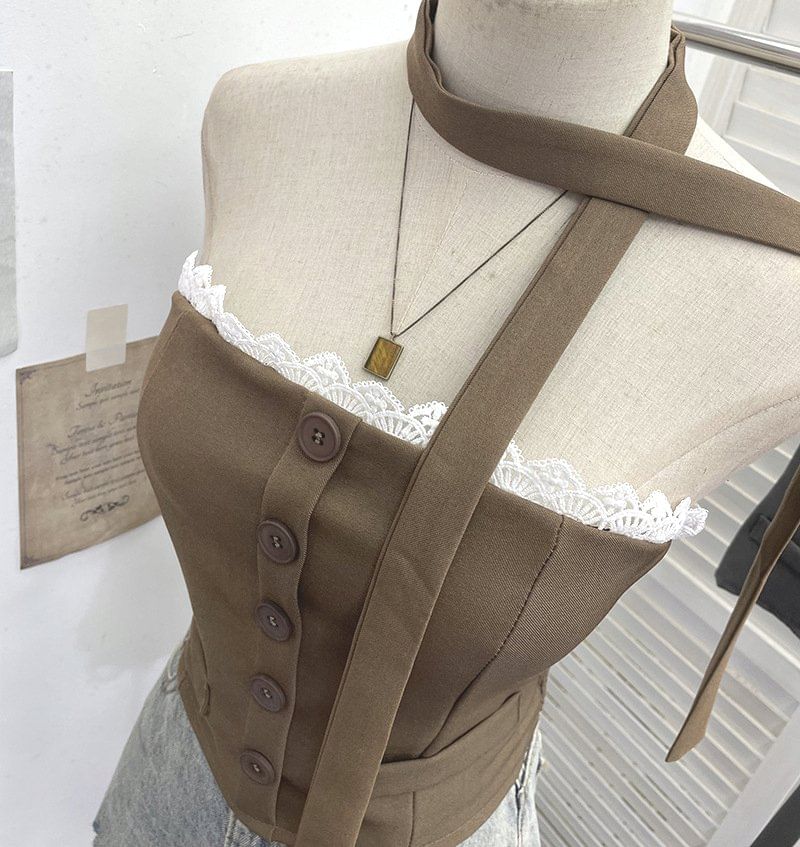 Buttoned Crop Tube Top with Lace Trim and Scarf Set