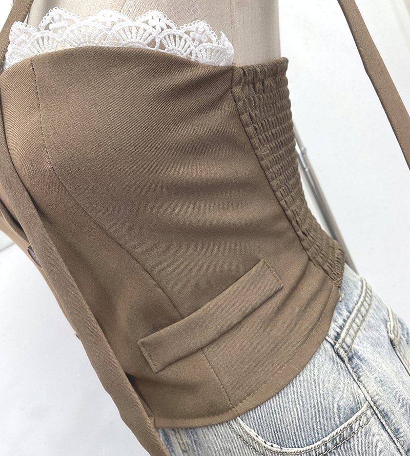 Buttoned Crop Tube Top with Lace Trim and Scarf Set