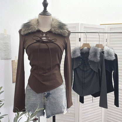 Asymmetrical Lace-Up Crop Top with Fluffy Collar