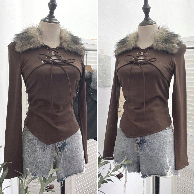 Asymmetrical Lace-Up Crop Top with Fluffy Collar