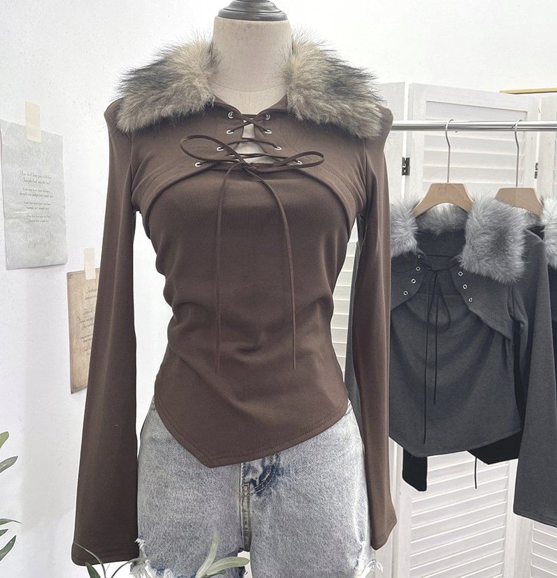 Asymmetrical Lace-Up Crop Top with Fluffy Collar