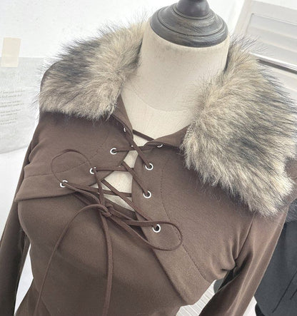 Asymmetrical Lace-Up Crop Top with Fluffy Collar