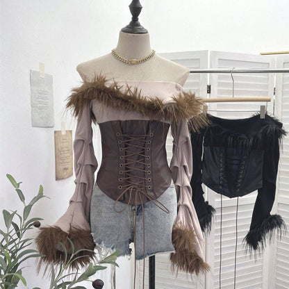 Ruched Lace-Up Crop Top with Faux Leather and Fluffy Trim