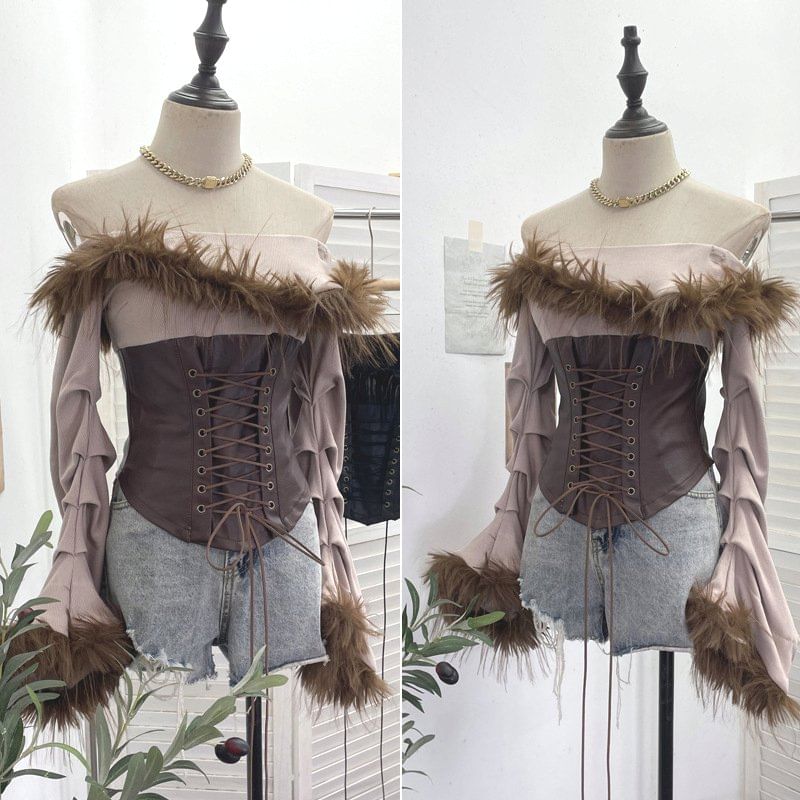 Ruched Lace-Up Crop Top with Faux Leather and Fluffy Trim