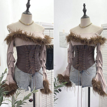 Ruched Lace-Up Crop Top with Faux Leather and Fluffy Trim