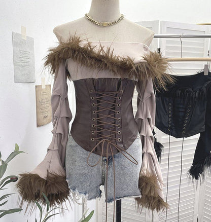 Ruched Lace-Up Crop Top with Faux Leather and Fluffy Trim