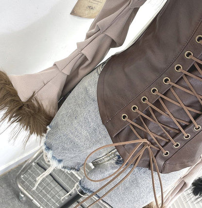 Ruched Lace-Up Crop Top with Faux Leather and Fluffy Trim