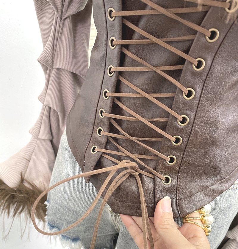 Ruched Lace-Up Crop Top with Faux Leather and Fluffy Trim