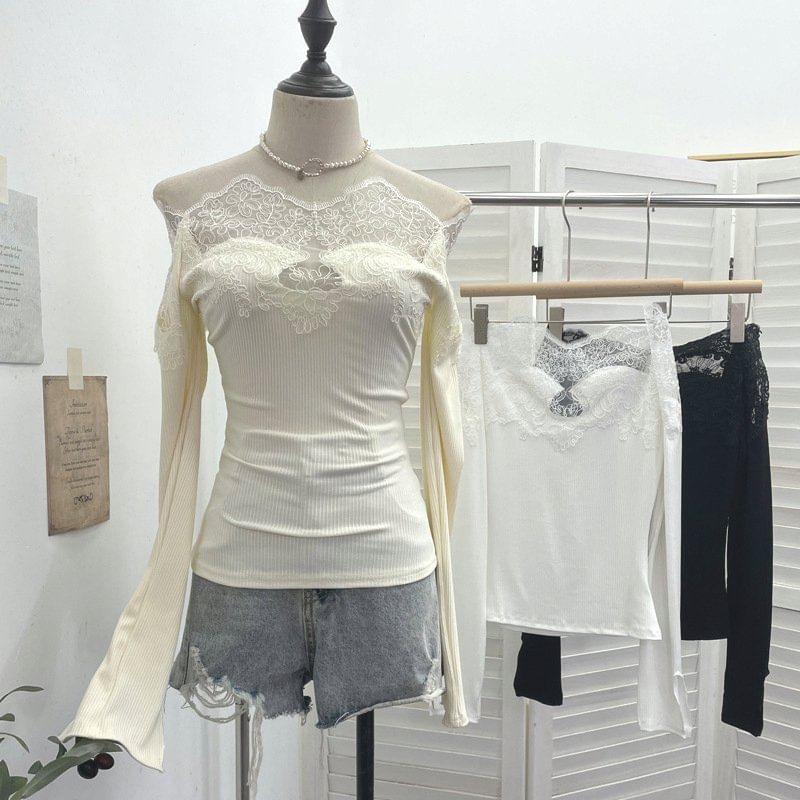 Off-Shoulder Lace Panel Long Sleeve Fitted Top