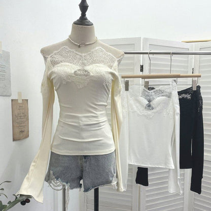 Off-Shoulder Lace Panel Long Sleeve Fitted Top